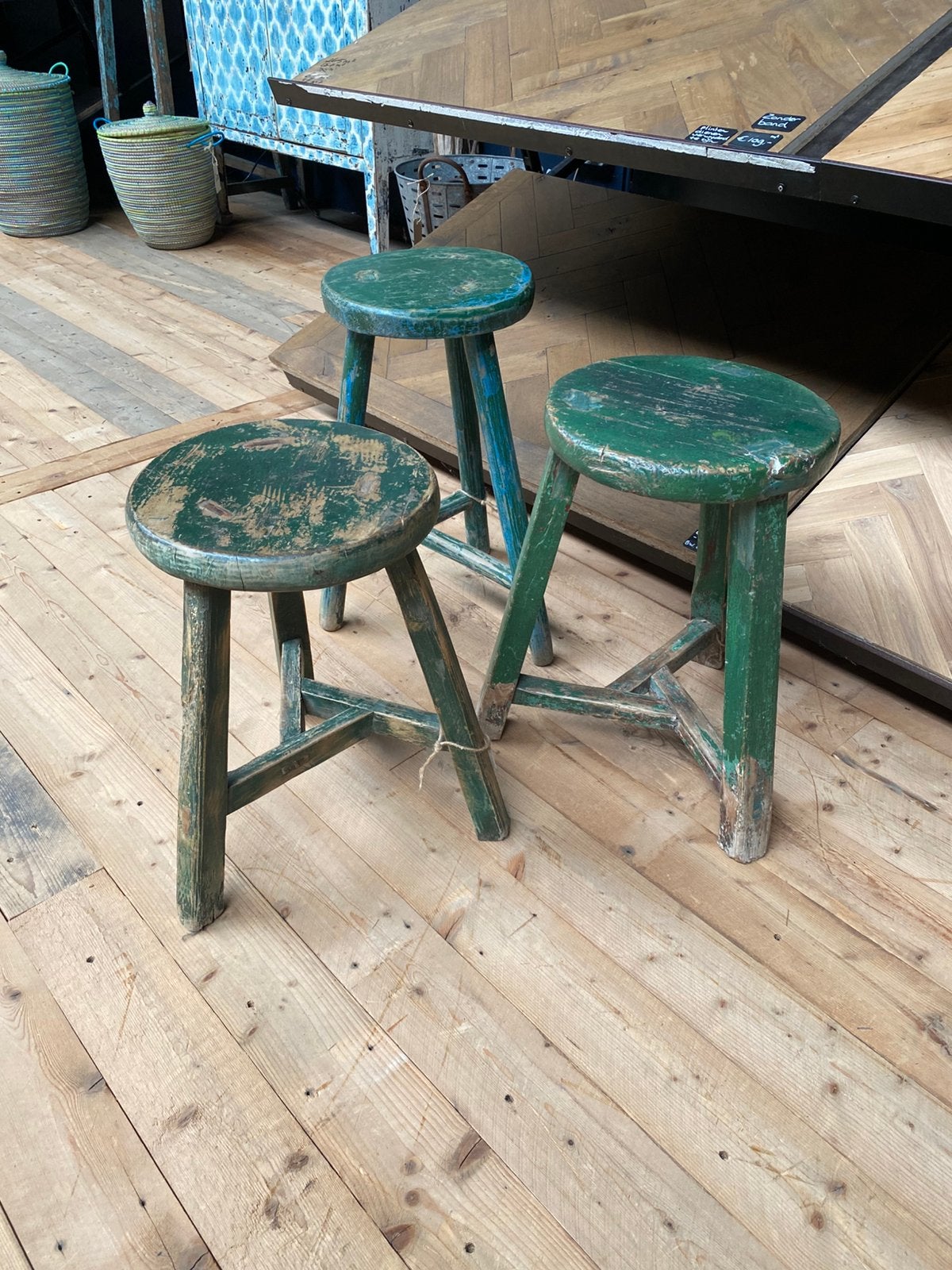 3x kruk oud hout groen, Huis en Inrichting, Ophalen, Zo goed als nieuw, Hout