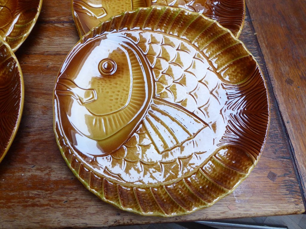 7-delig barbotine visservies, Sarreguemines, Antiek en Kunst, Antiek | Servies los, Ophalen of Verzenden