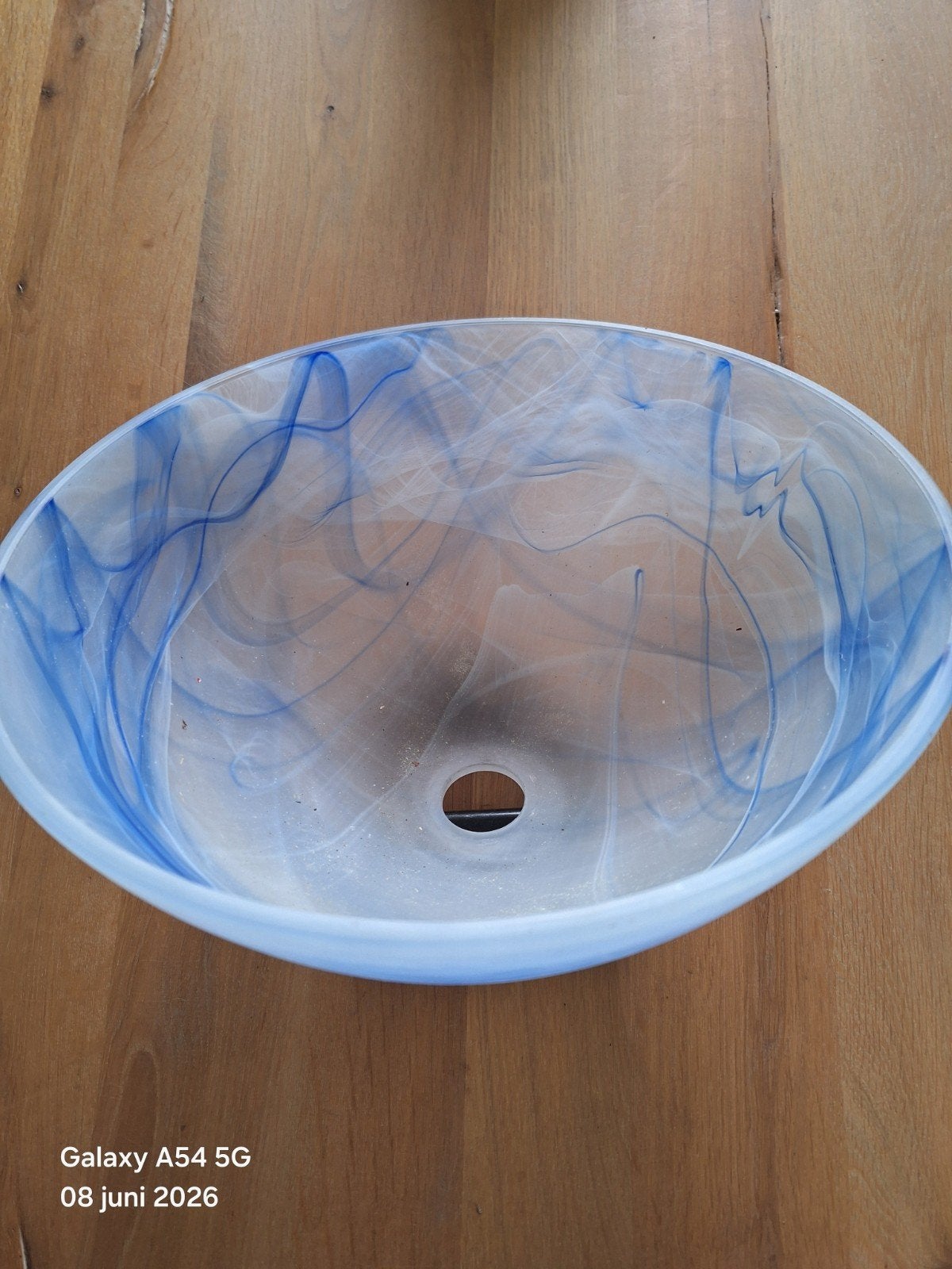 Glazen lampenkap met blauwe tekening - Ø 35 cm, Gebruikt, Blauw, Rond, Ophalen of Verzenden