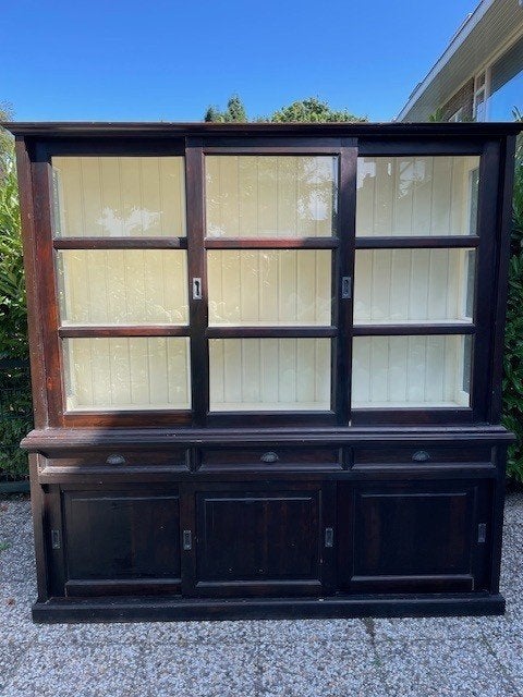 Bruine apothekerskast met glazen schuifdeuren, Huis en Inrichting, Kasten | Ladekasten, Ophalen, Gebruikt, 3 of 4 laden, 200 cm of meer