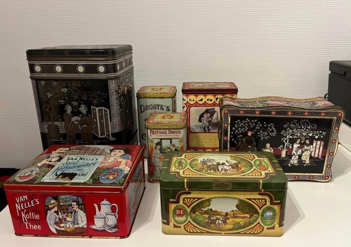 Vintage blikken: Droste, Van Nelle, Douwe Egberts, Verzamelen, Ophalen of Verzenden, Gebruikt, Overige, Overige merken