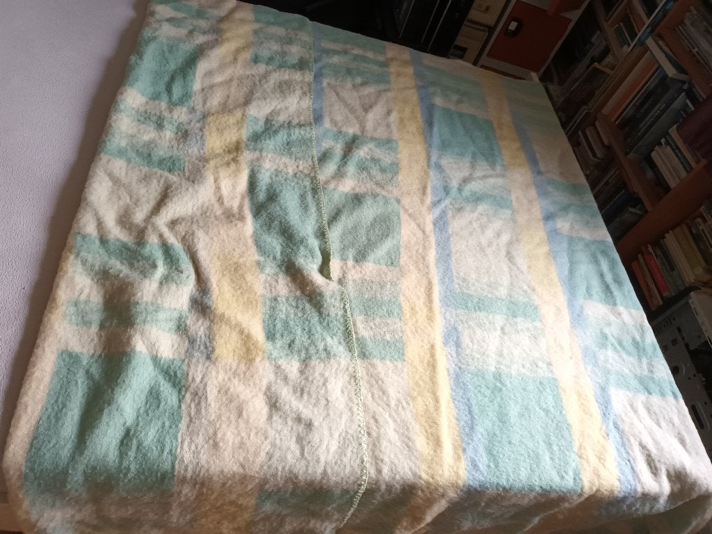 Blauw geel wit grote geblokte wollen deken Aabe. 220-183cm, Geschikt voor droger, 220 cm, Woondeken, 183 cm