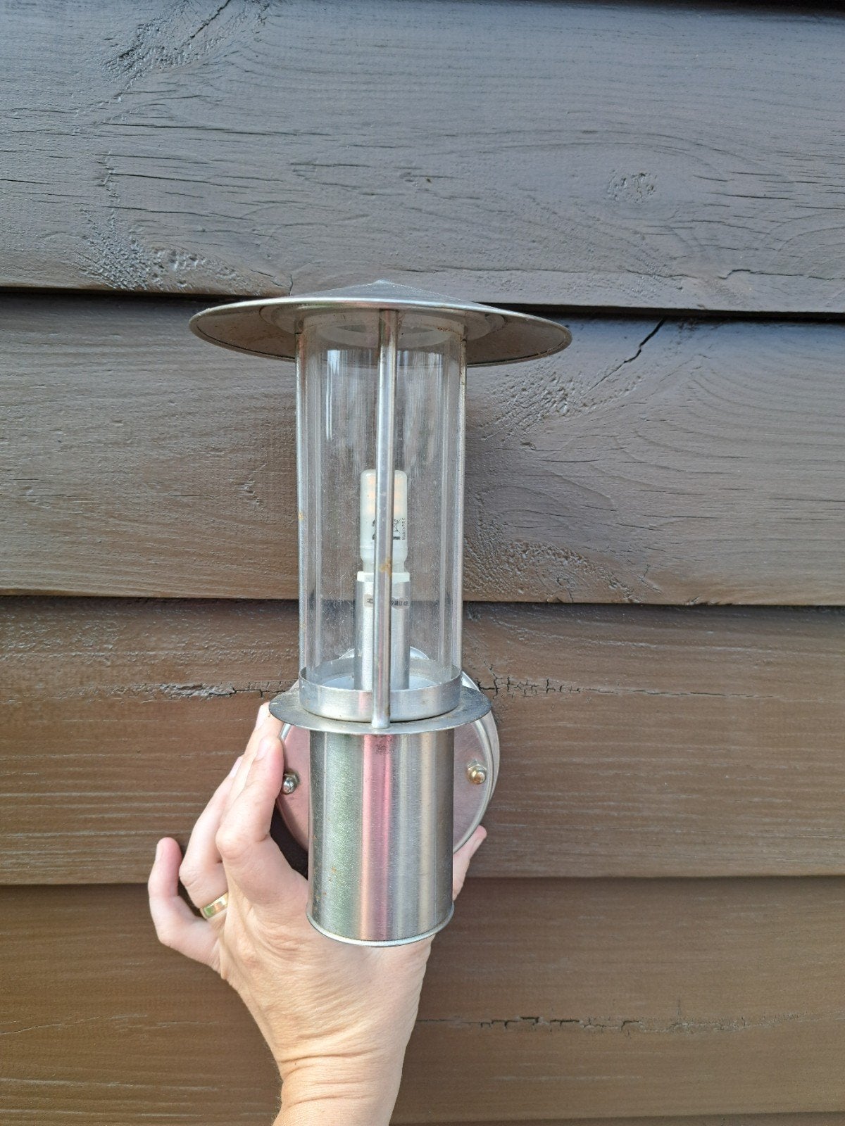 Buitenlamp wandlamp RVS met helder glas, Tuin en Terras, Gebruikt, Wandlamp, Ophalen of Verzenden, Netvoeding