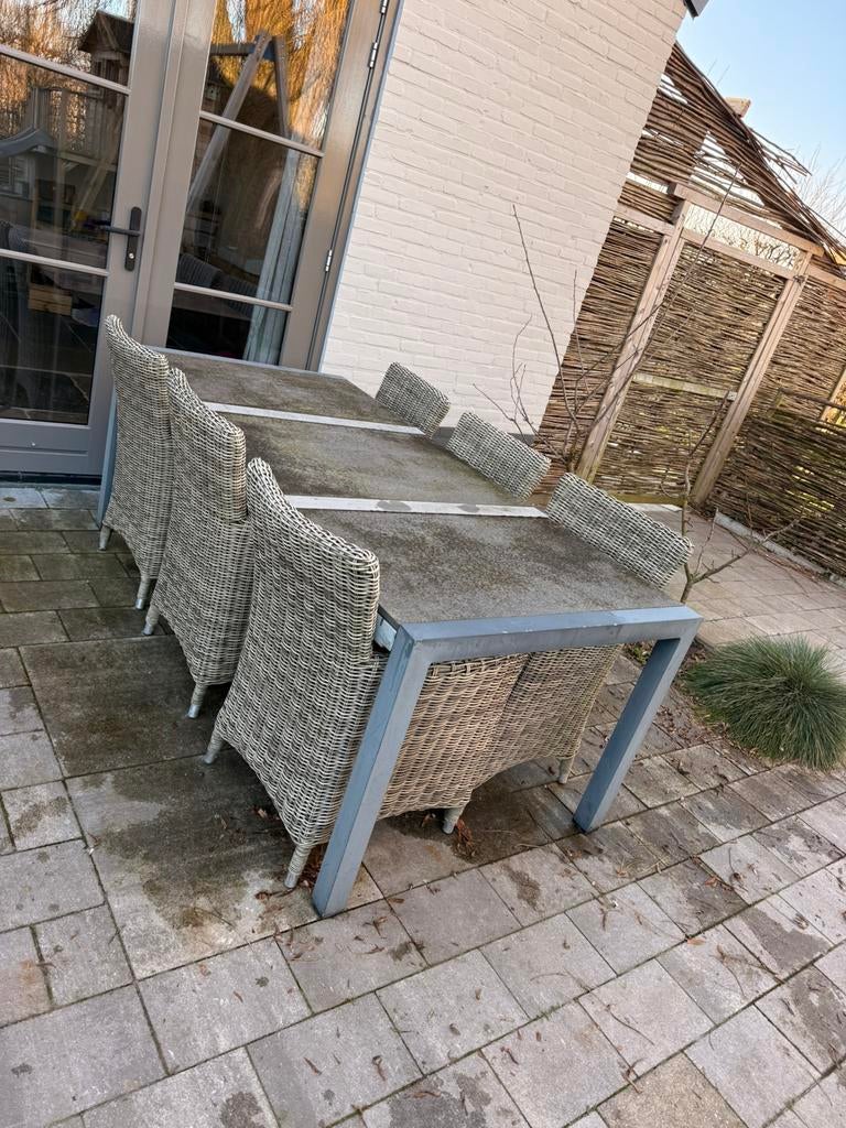Tafel met 6 stoelen en natuurstenen tegels, Ophalen, Gebruikt, Overige materialen, Bank