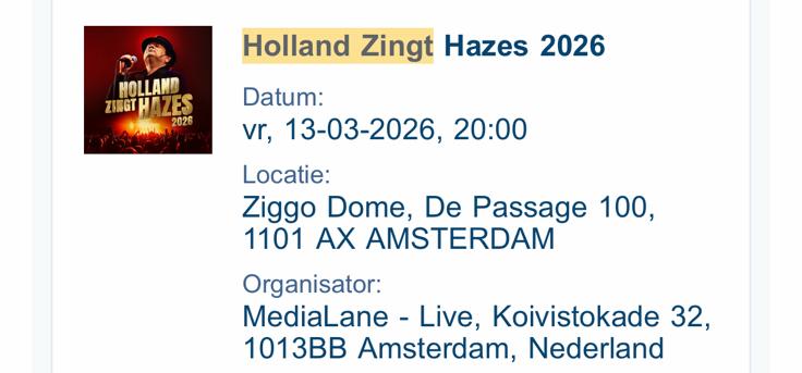 Holland zingt hazes tickets 13 maart 2 zitplaatsen, Tickets en Kaartjes, Twee personen, Maart, Levenslied
