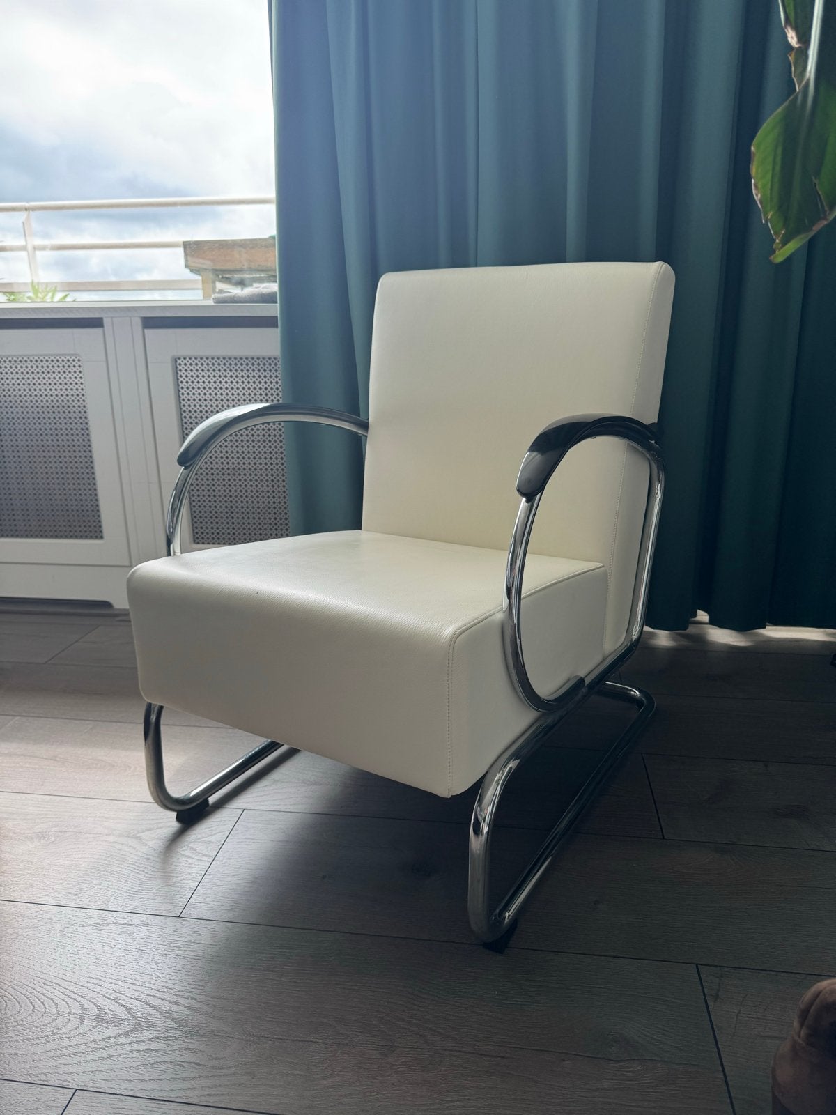 Gispen 407 Dutch Originals fauteuil - Wit leer, chroom frame, Ophalen, Gebruikt, Leer, 50 tot 75 cm