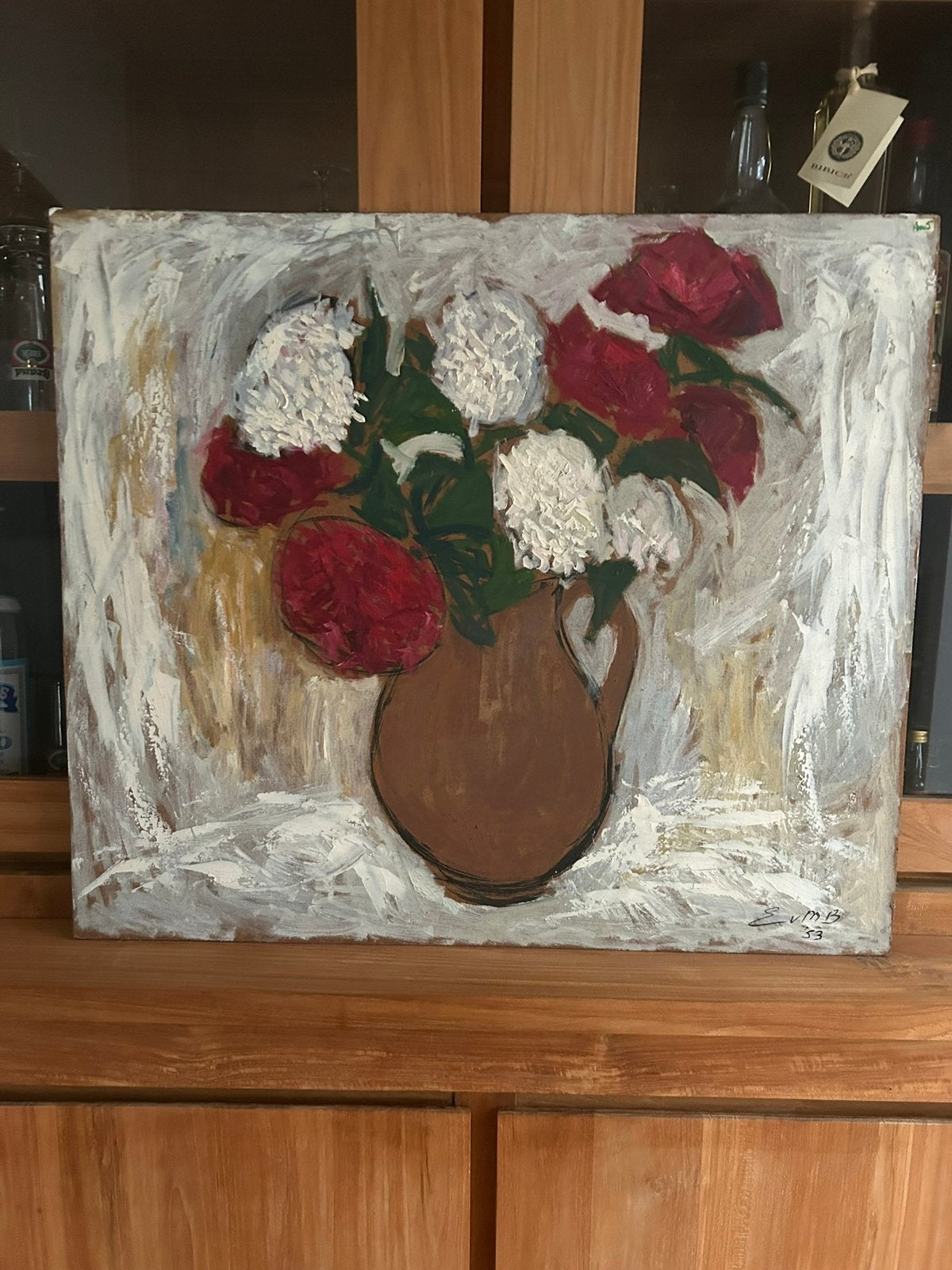 Expressief Bloemstilleven, gesigneerd EvMB 1953, Antiek en Kunst, Ophalen