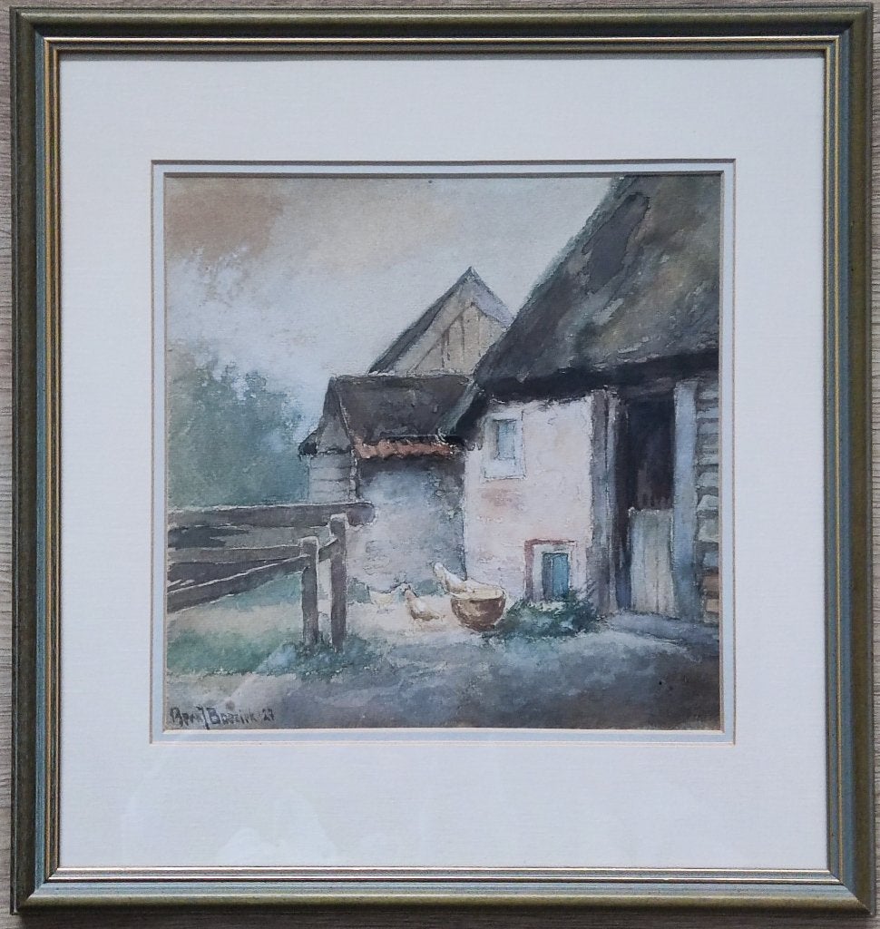 Bernardus Johannes Boeziek (1877-1954)- Boerenerf met kippen, Antiek en Kunst, Ophalen of Verzenden, Schilderij, Aquarel, Handgemaakt