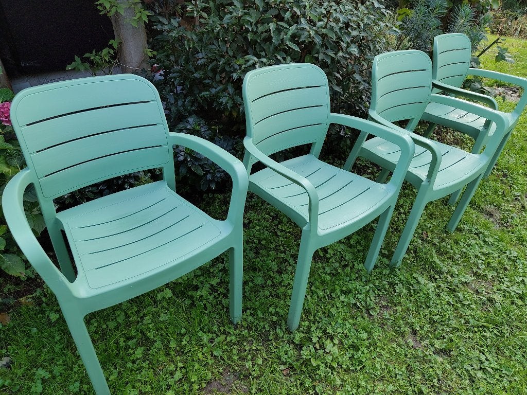 4 groene Allibert stapelbare tuinstoelen, Ophalen, Gebruikt, Kunststof, Stapelbaar
