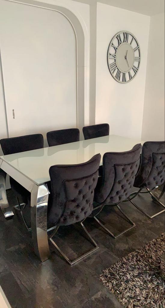 Elegante eettafel met 6 fluwelen stoelen - Zwart/Chroom, Ophalen, Gebruikt, 50 tot 100 cm, Glas