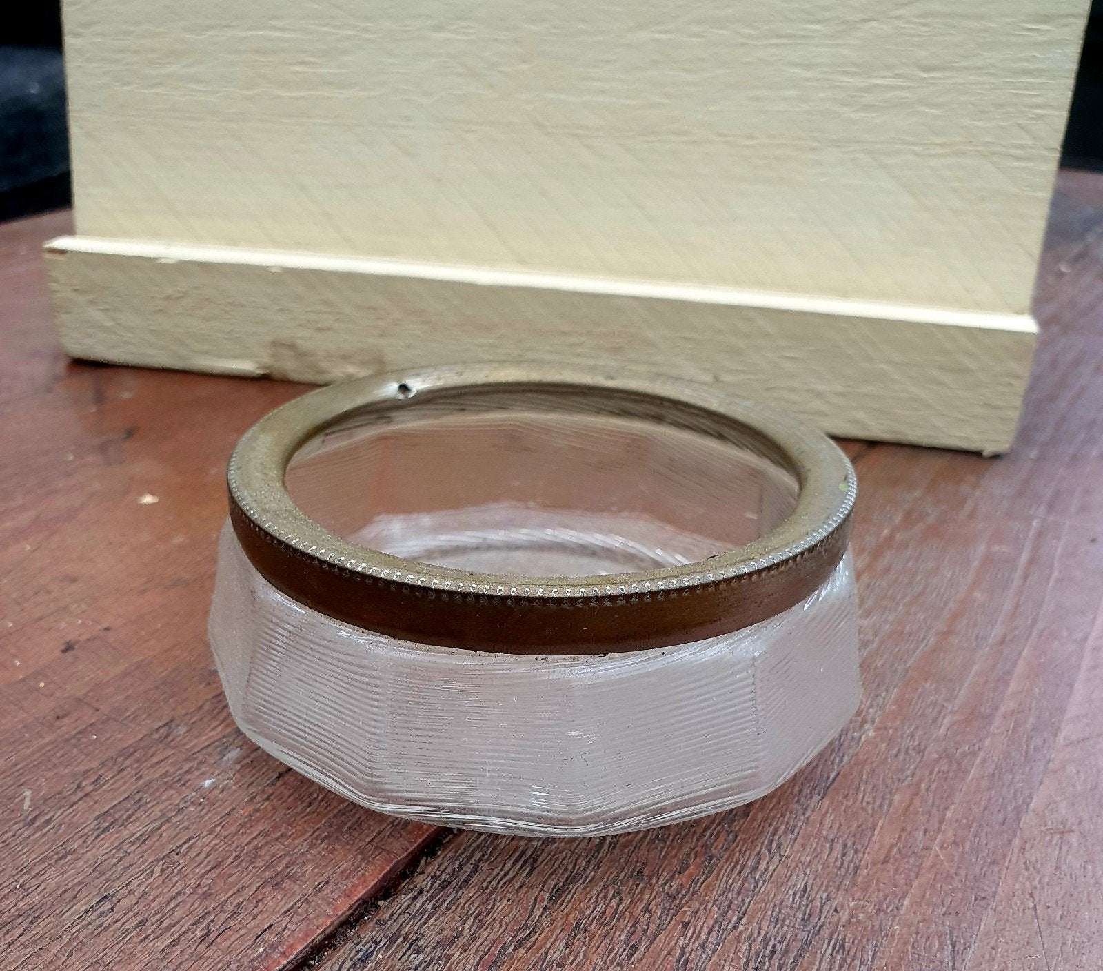 Antiek glazen inktpotje met metalen rand (zonder deksel), Ophalen of Verzenden