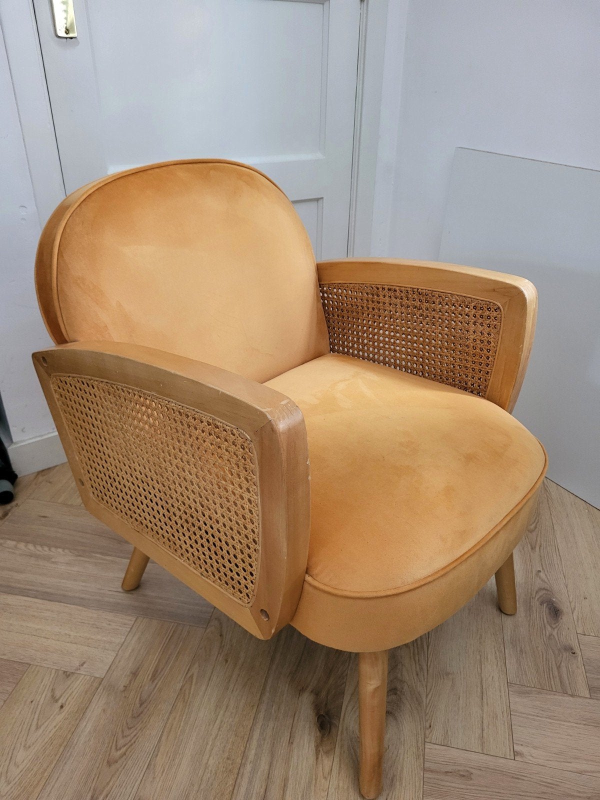 Fauteuil velvet /webbing, Huis en Inrichting, Fauteuils, Ophalen, Gebruikt, Minder dan 75 cm, Natuurlijk, bohemian, warm