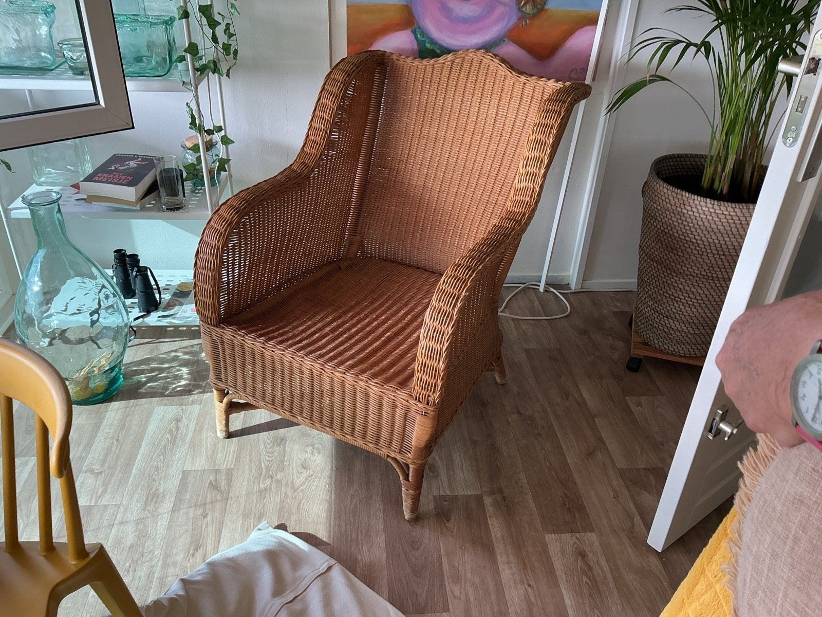 Vintage rotan fauteuil, rieten stoel 2 stuks, Huis en Inrichting, Ophalen, Gebruikt, 50 tot 75 cm, Riet of Rotan