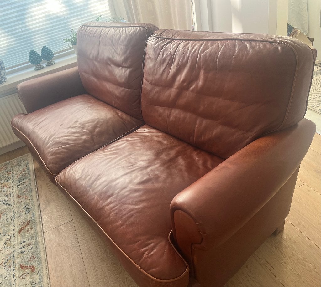 (2x ) Cognac-bruin leren bankenstel vintage, Gebruikt, 150 tot 200 cm, Vintage / klassiek, Driepersoons