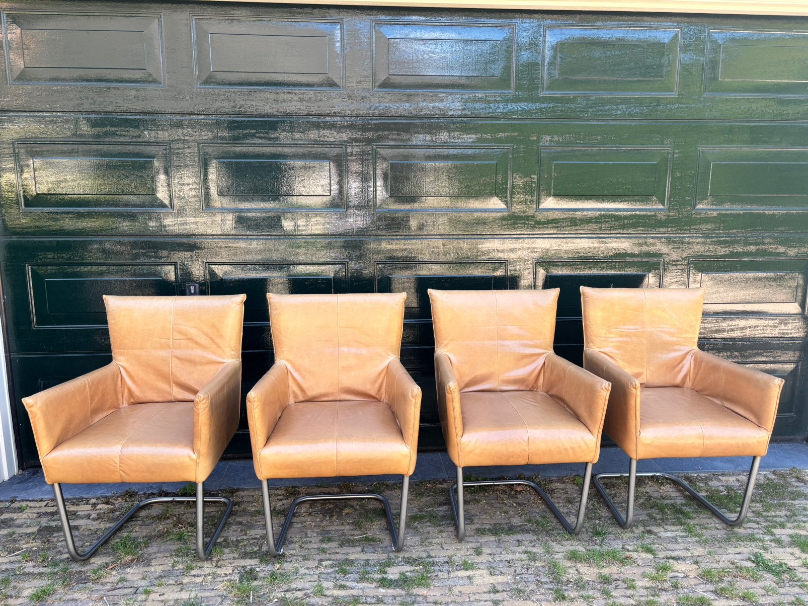 4 JESS lederen stoelen camel bruin, Ophalen, Zo goed als nieuw, Bruin, Vier