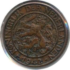Nederland 1 Cent 1942 roodkoper Wilhelmina