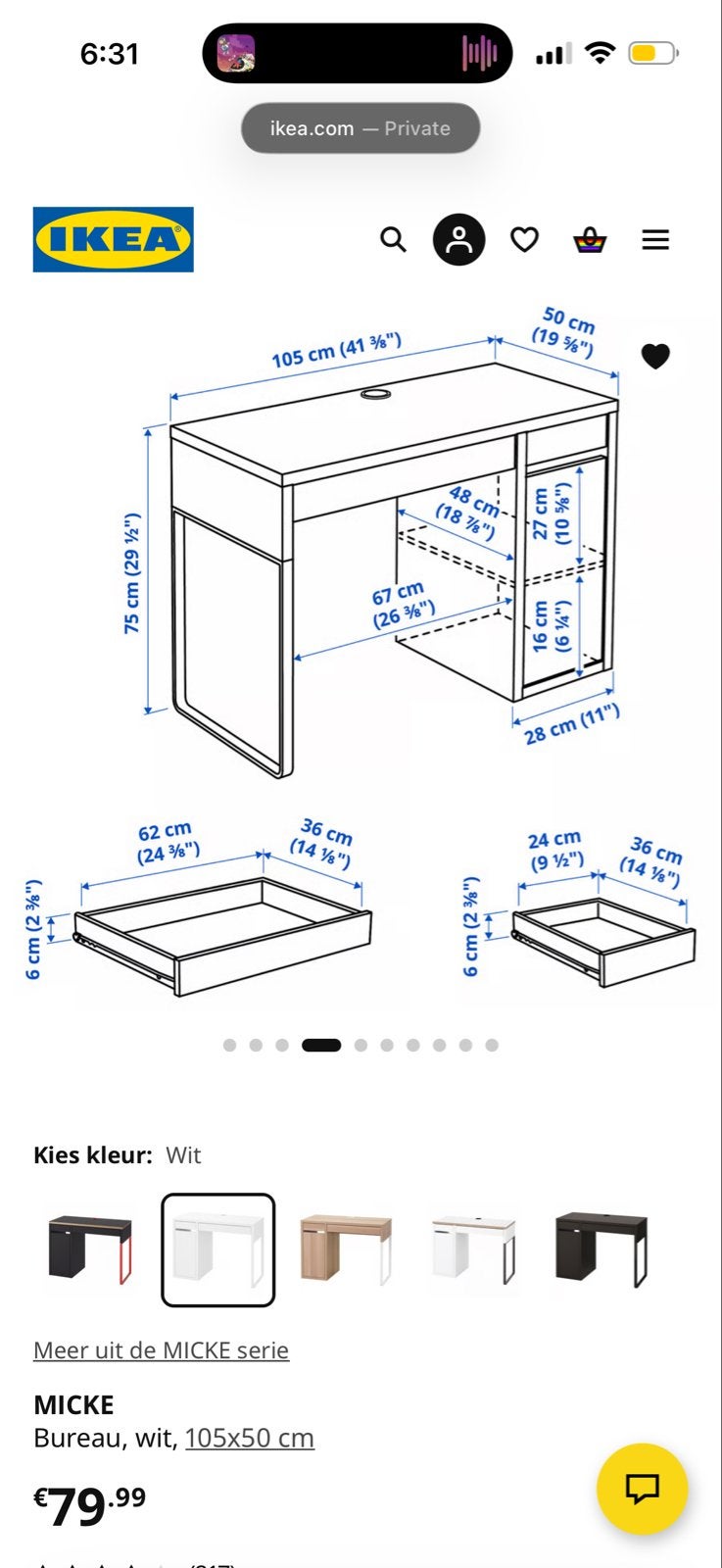 IKEA MICKE Bureau Wit 105x50 cm met Lade en Kastje, Ophalen, Met lades, Spaanplaat of MDF, Zo goed als nieuw