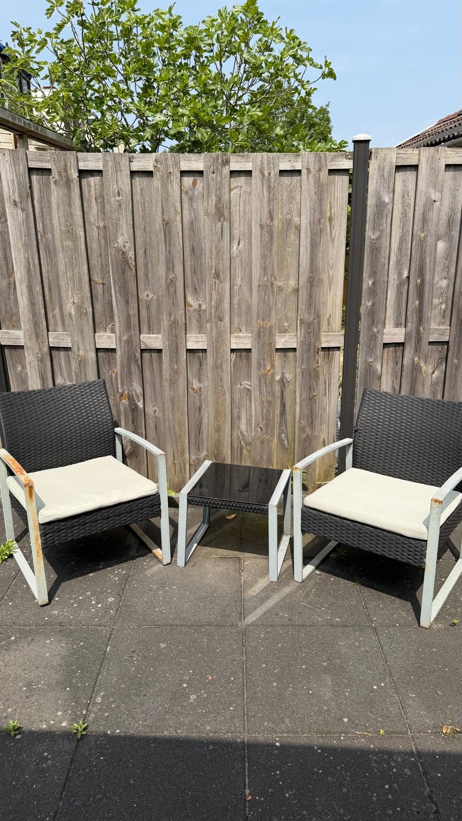 Tuinset: 2 stoelen en bijzettafel, Tuin en Terras, Tuinsets en Loungesets, Gebruikt, Wicker, Stoel, Tuinset