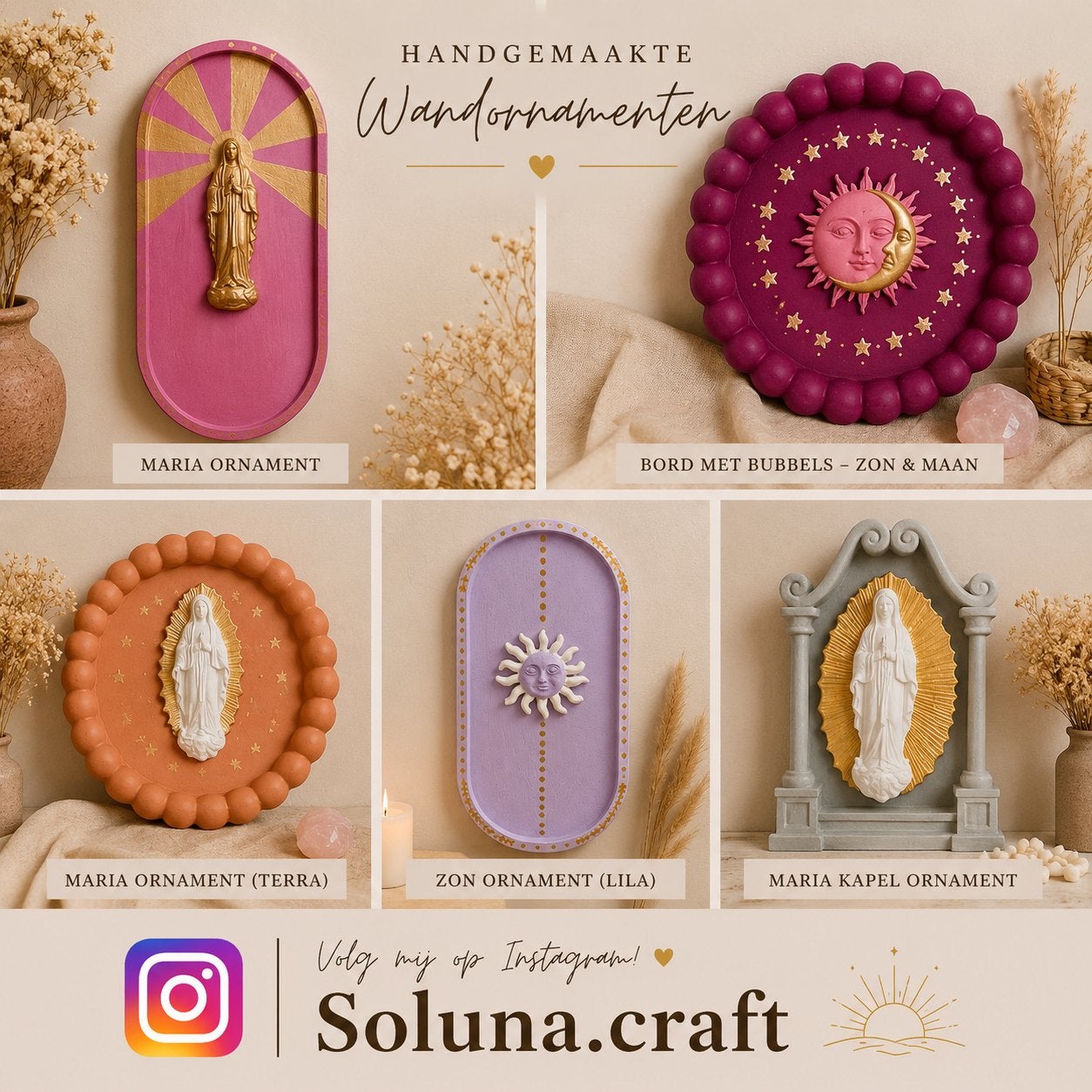 Boho zon & maan en boho Maria handgemaakt, Verzenden, Nieuw