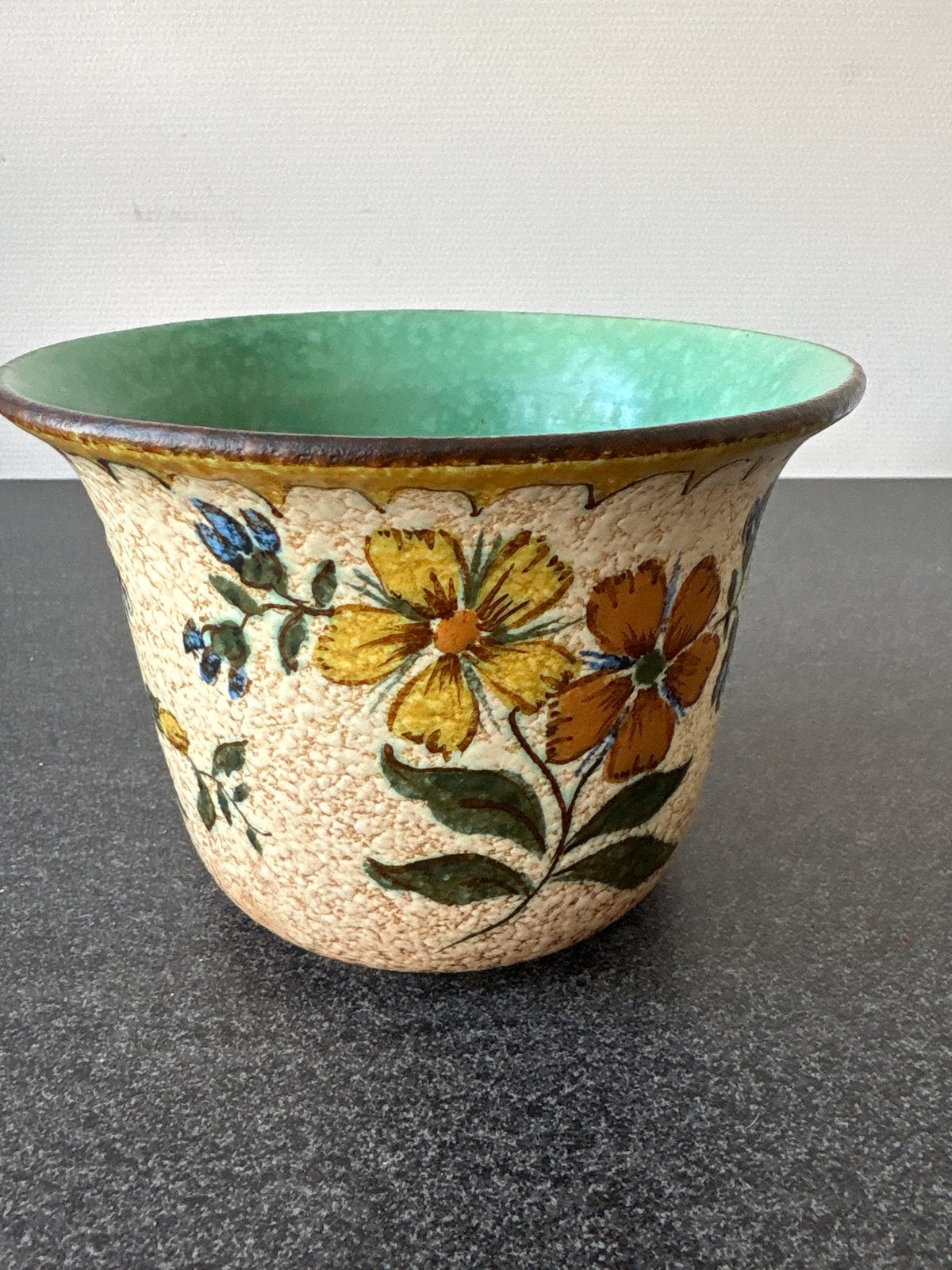 Vintage Gouda Holland bloempot met bloemmotief, Ophalen