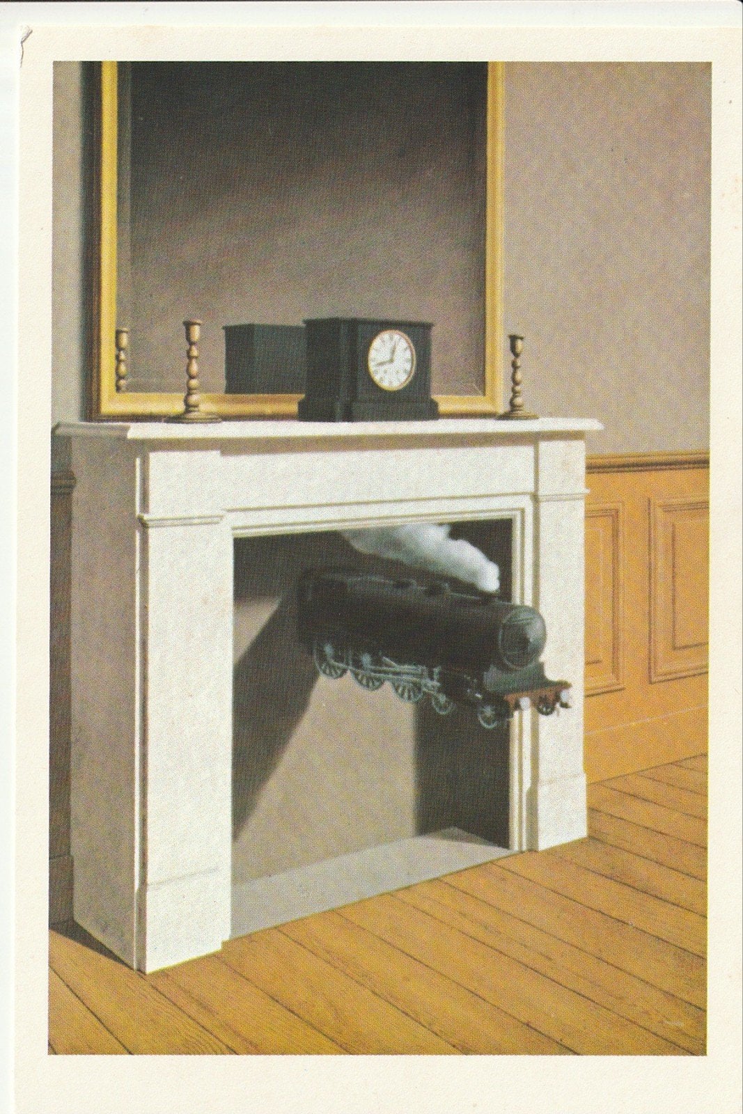 STOOMLOCOMOTIEF SCHOORSTEEN KLOK KANDELAAR RENE MAGRITTE '39, Ophalen of Verzenden, Zo goed als nieuw, Trein, Kaart of Prent
