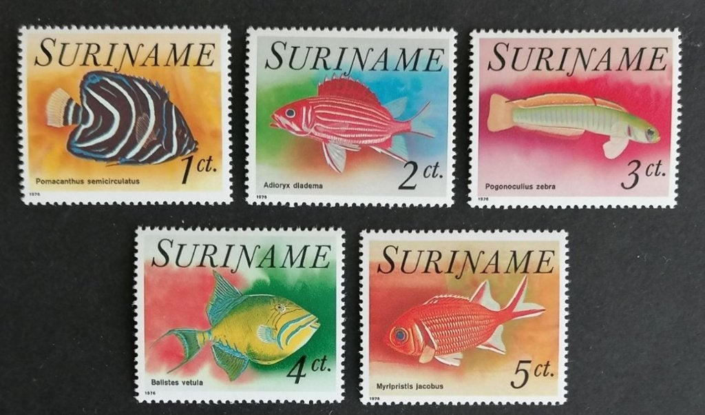 Suriname 1976 - ZB 27-31 + ZB 35-36  - Tropische vissen, Ophalen of Verzenden, Postfris