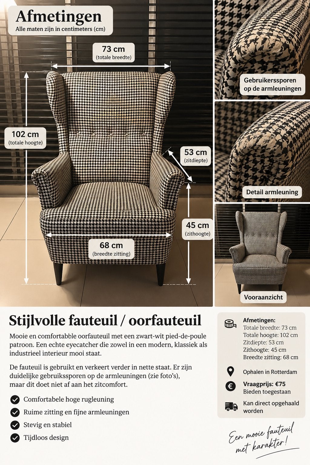Zwart-witte oorfauteuil met pied-de-poule patroon, Huis en Inrichting, Ophalen, Gebruikt, Minder dan 75 cm, Stof
