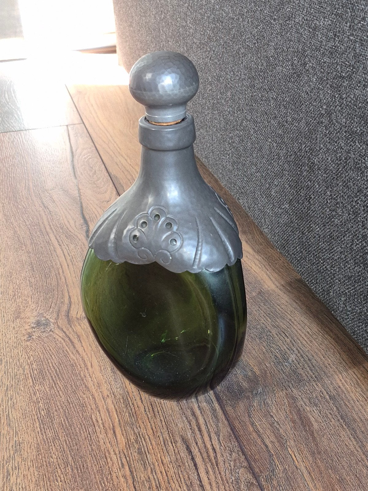 Leerdam Glas Karaf met Tin, Groen, Vintage, Ophalen of Verzenden