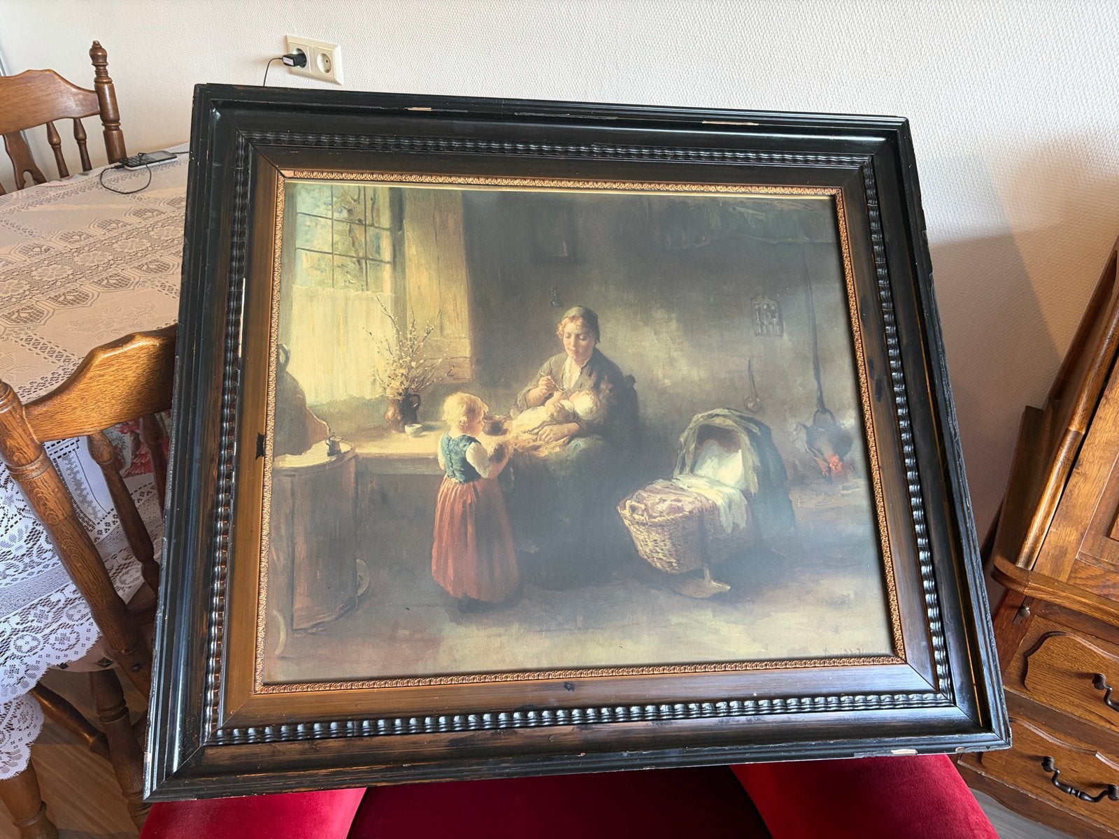 Klassiek schilderij: Moeder en kind in huiselijke sfeer, Ophalen, Portret of Personen, Klassiek, Ingelijst