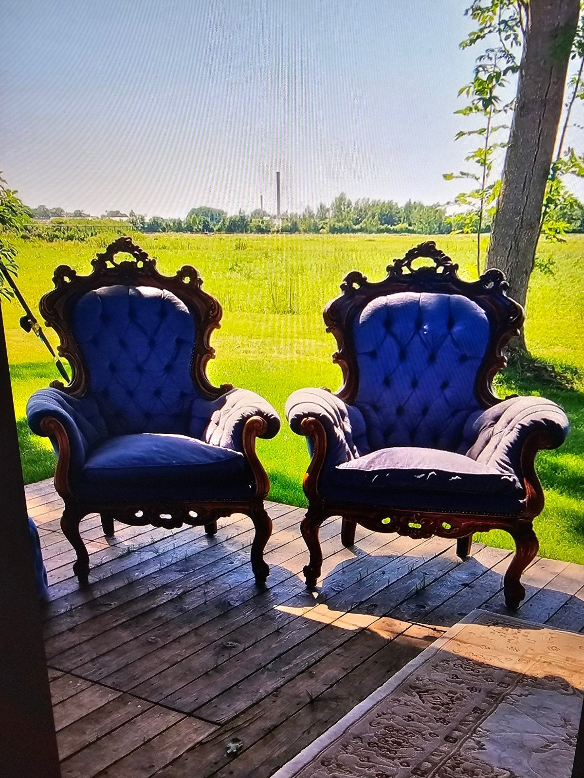 2 barok stoelen blauw/grijs, Ophalen