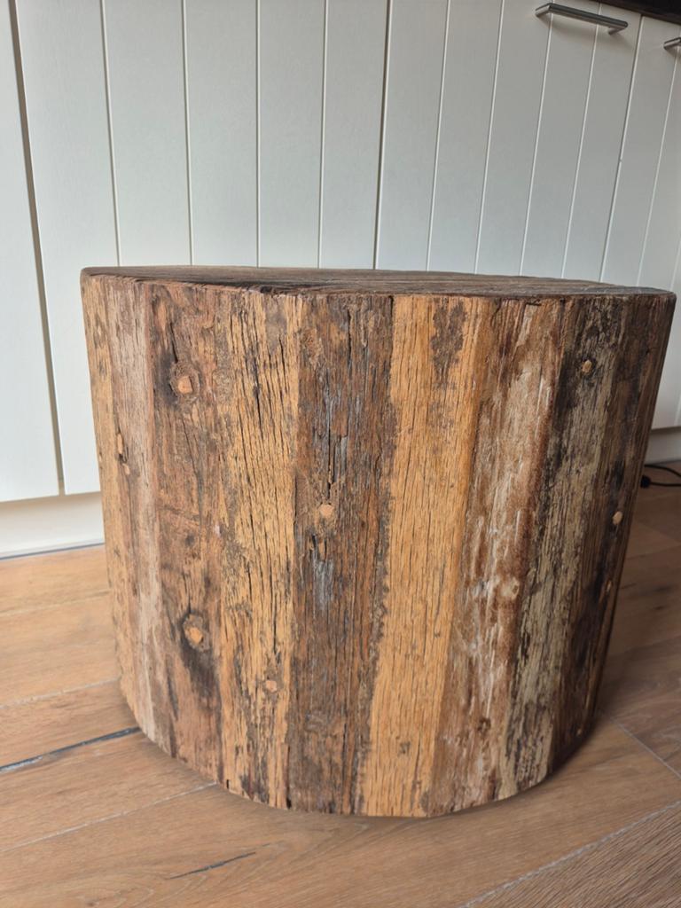 Houten blok bijzettafel op wielen, Rond, 55 tot 75 cm, Zo goed als nieuw, Hout