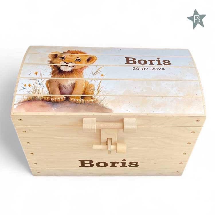 Naturel houten speelgoedkist met naam leeuwtje ( 4 maten ), Kraamcadeau, Verzenden, Info@freubelshoponline.nl, Klimmen