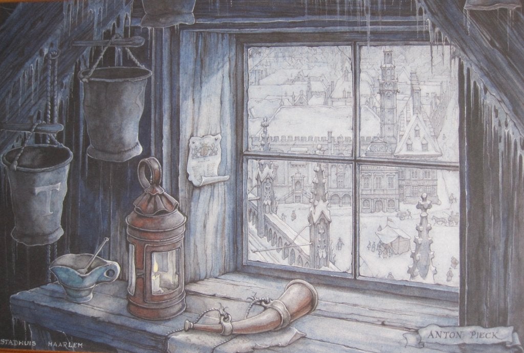 Anton Pieck - prentje van stadhuis van Haarlem vanuit raam, 1980 tot heden, Ophalen of Verzenden, Zo goed als nieuw, Prent