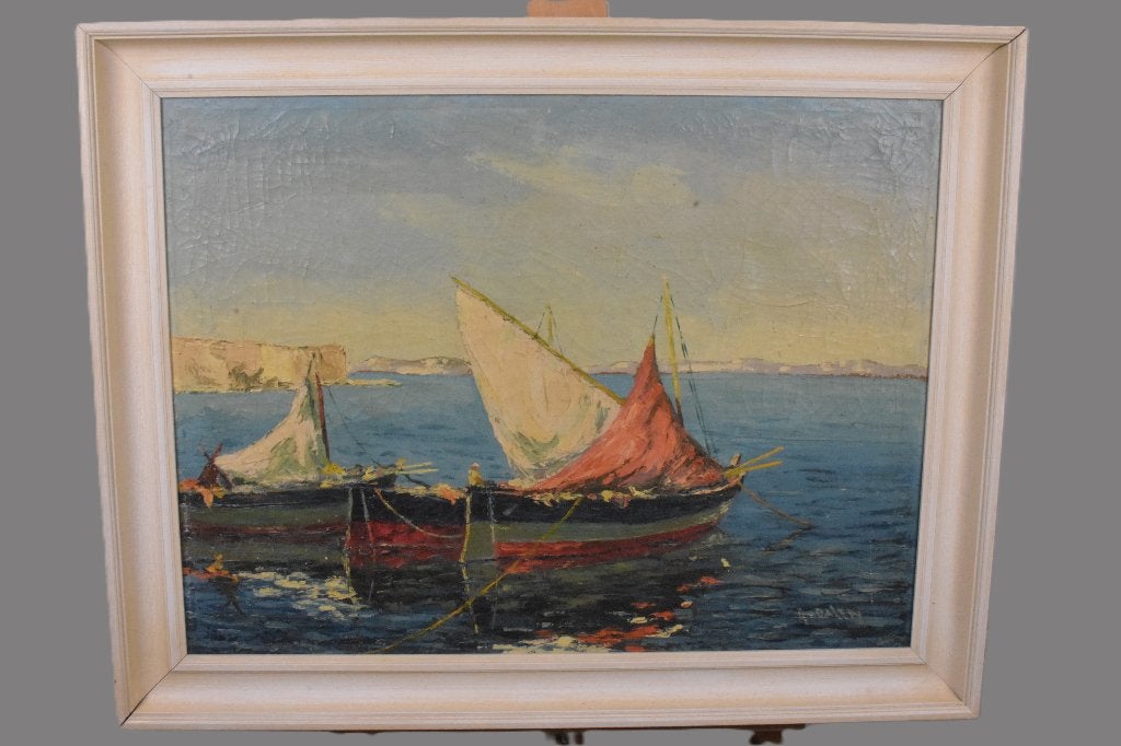 Groot Vintage Olieverfschilderij J. van Dalen – Genua Italië, Ophalen, Maritiem / water, Doek, Gesigneerd