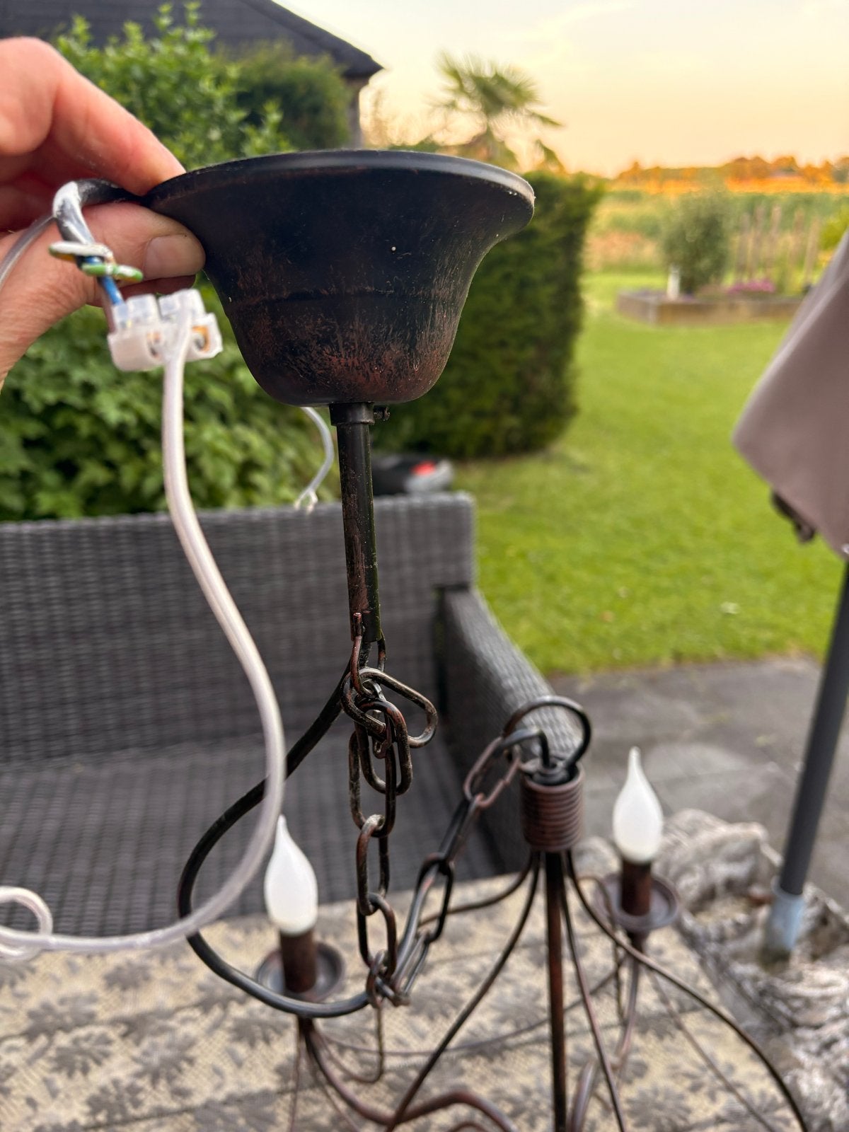 Rustieke Kroonluchter met 6 Lichtpunten - Metaal, Ophalen, Zo goed als nieuw, Metaal, E14 (klein)