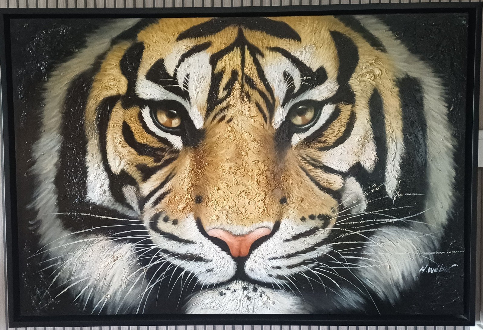 Indrukwekkend olieverf Tijger Schilderij - H. Weber, Antiek en Kunst, Ophalen