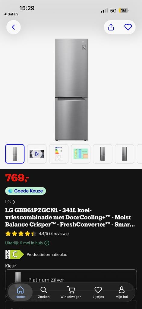 LG Koelkast met vriesvak - Goede staat, wegens verhuizing, Witgoed en Apparatuur, Ophalen, Gebruikt, 200 liter of meer, 60 cm of meer
