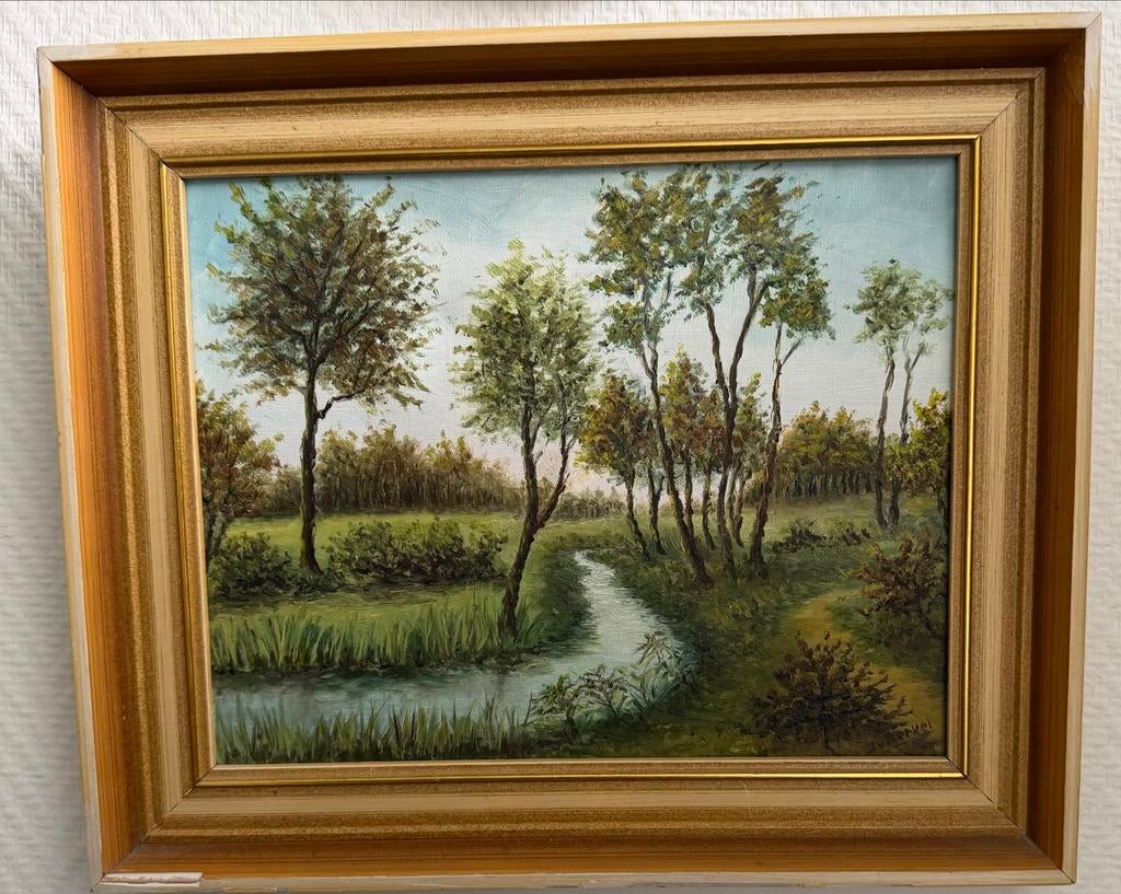 Olieverfschilderij Landschap met beek en bomen, Antiek en Kunst, Kunst | Schilderijen | Klassiek, Ophalen of Verzenden