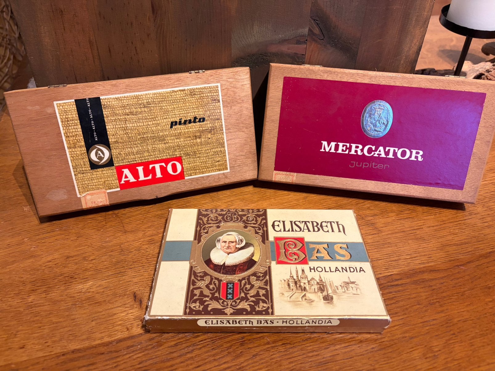 Set 3 vintage sigarenkistjes (Elisabeth Bas, Mercator, Alto), Verzamelen, Ophalen of Verzenden, Zo goed als nieuw, Sigarenbandjes