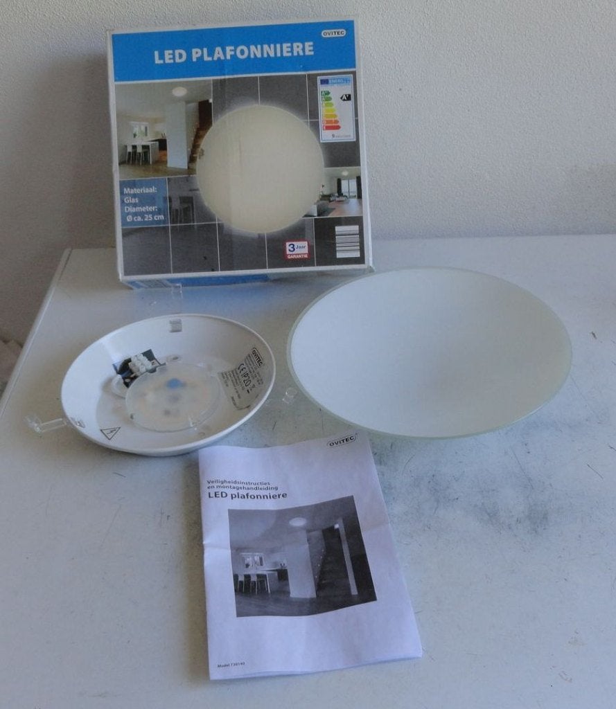 Plafonniere lamp, plafondlamp LED, glas 25 cm doorsnee, LED, Ophalen of Verzenden, Zo goed als nieuw, Plafondlamp
