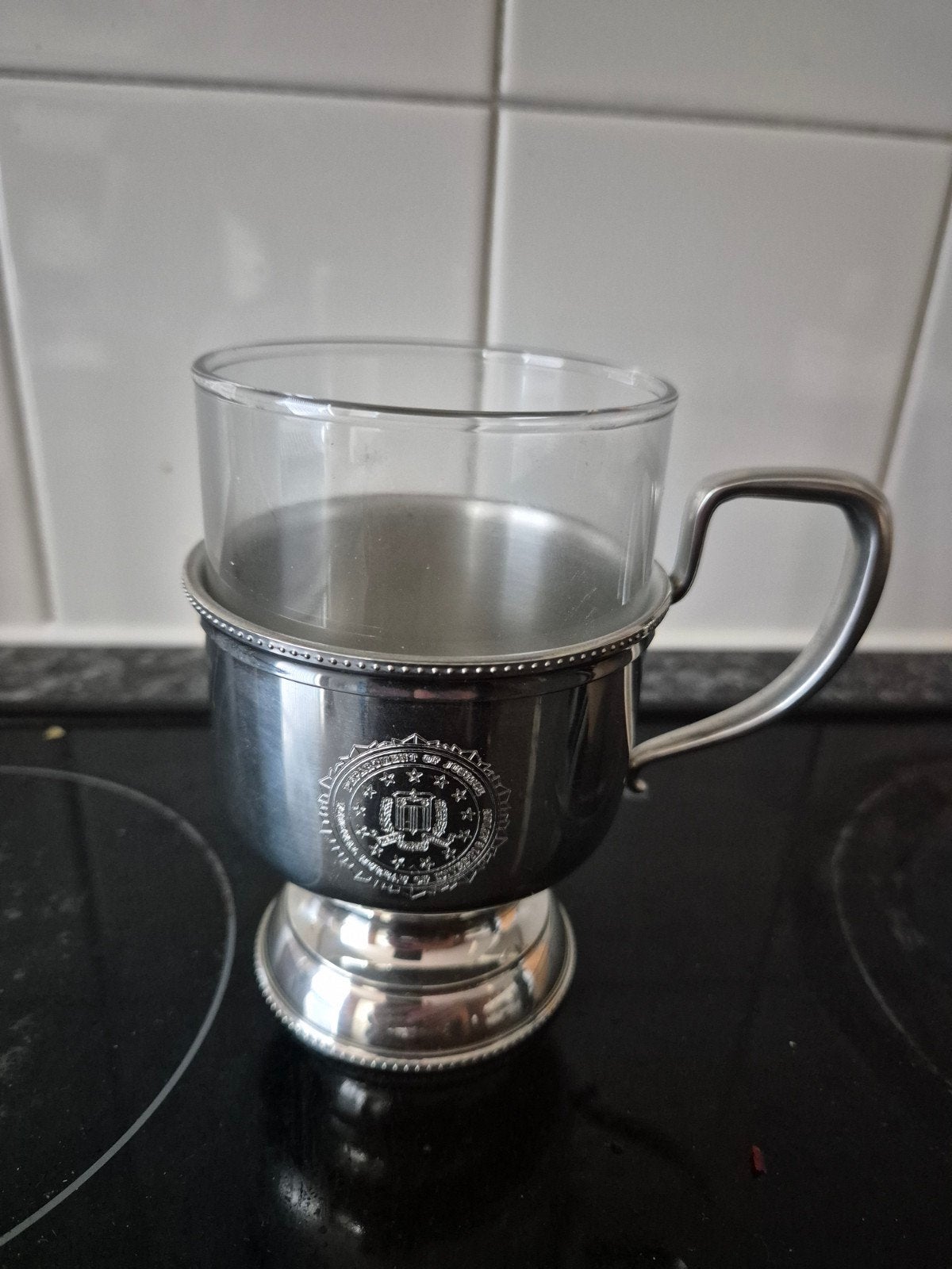 Salisbury Pewter FBI Beker met Glazen Inzetstuk, Ophalen of Verzenden