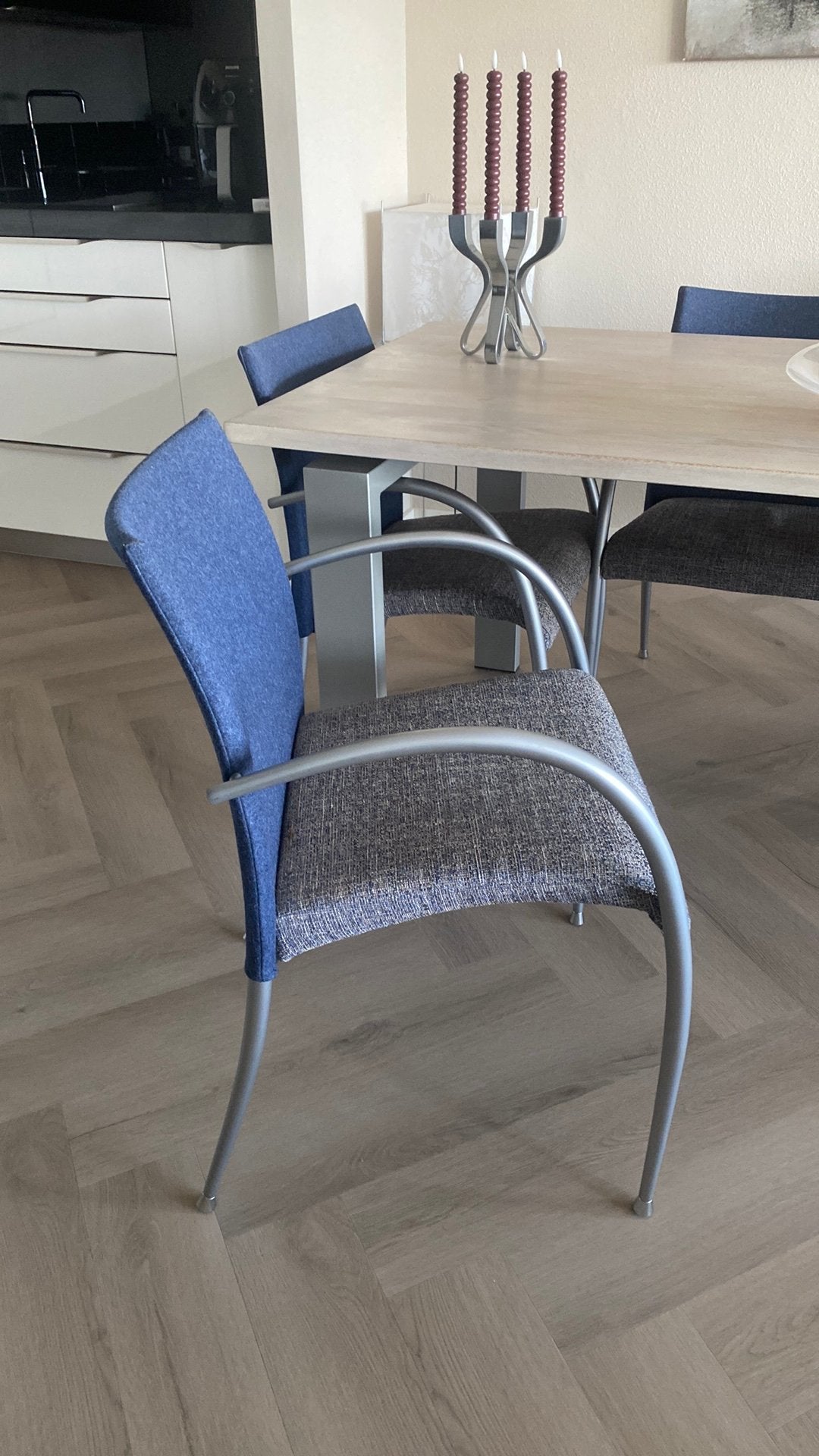 6 eetkamerstoelen, Huis en Inrichting, Ophalen, Gebruikt, Blauw, Metaal