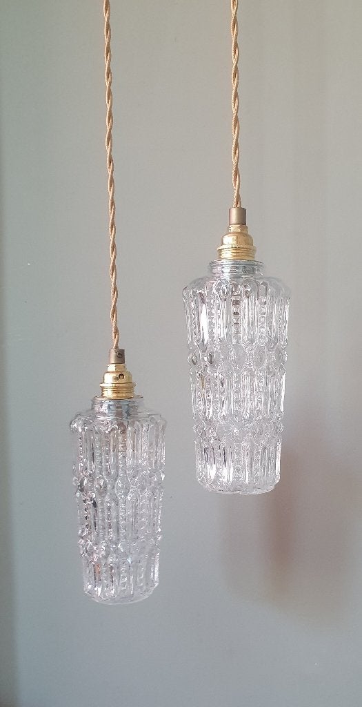 Vintage hanglampen Set - langwerpige glazen lampenkappen, E14 (klein), Ophalen of Verzenden, Zo goed als nieuw, Glas