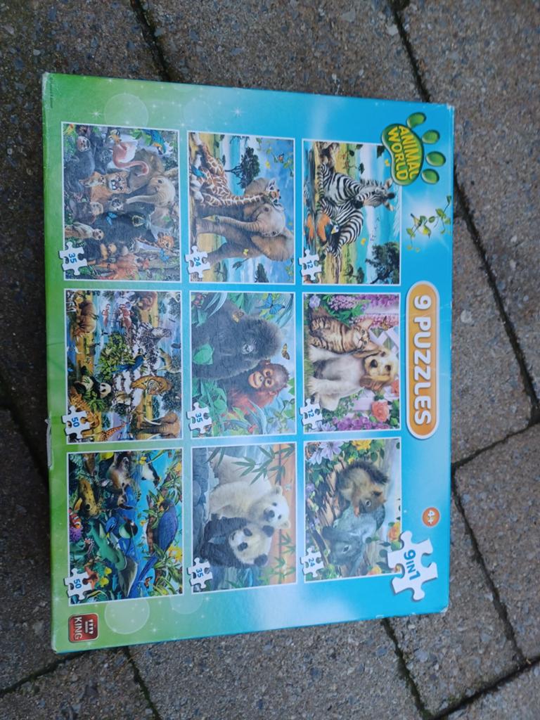 9 Puzzels in 1 doos - Dierenwereld voor kinderen, Ophalen of Verzenden, Meer dan 50 stukjes, Zo goed als nieuw, 4 tot 6 jaar