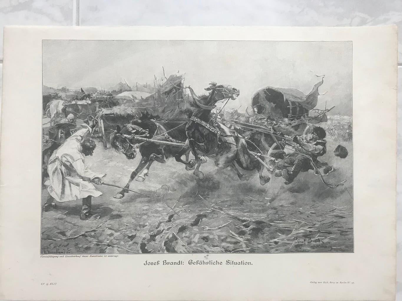 Josef Brandt: Gefährliche Situation,  gravure 1897, 32x22cm., Dagelijks leven, Ophalen of Verzenden, 32 cm, 1800 - 1899