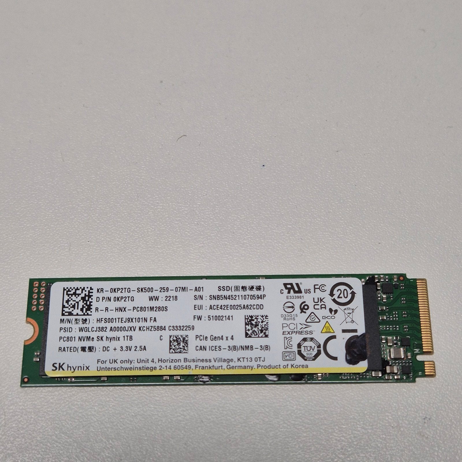 SK Hynix PC801 1TB Nvme SSD 2280 Pci-e 4x4, Computers en Software, Harde schijven, Gebruikt, Verzenden, SSD, 1TB