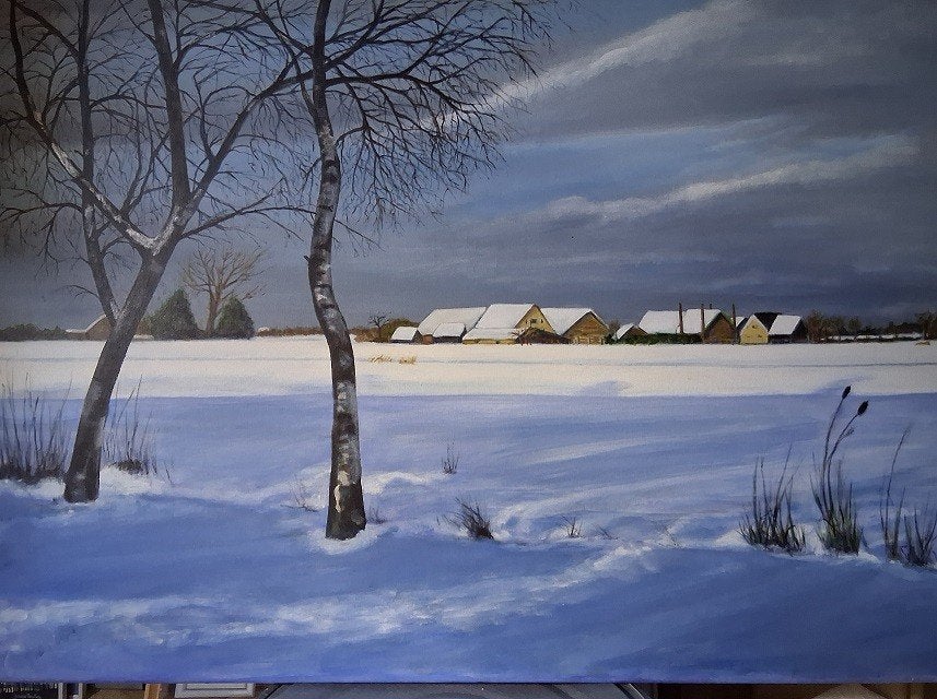 Sfeervol schilderij van een winterlandschap, Acrylverf, Overige stijlen, Doek, Ophalen of Verzenden
