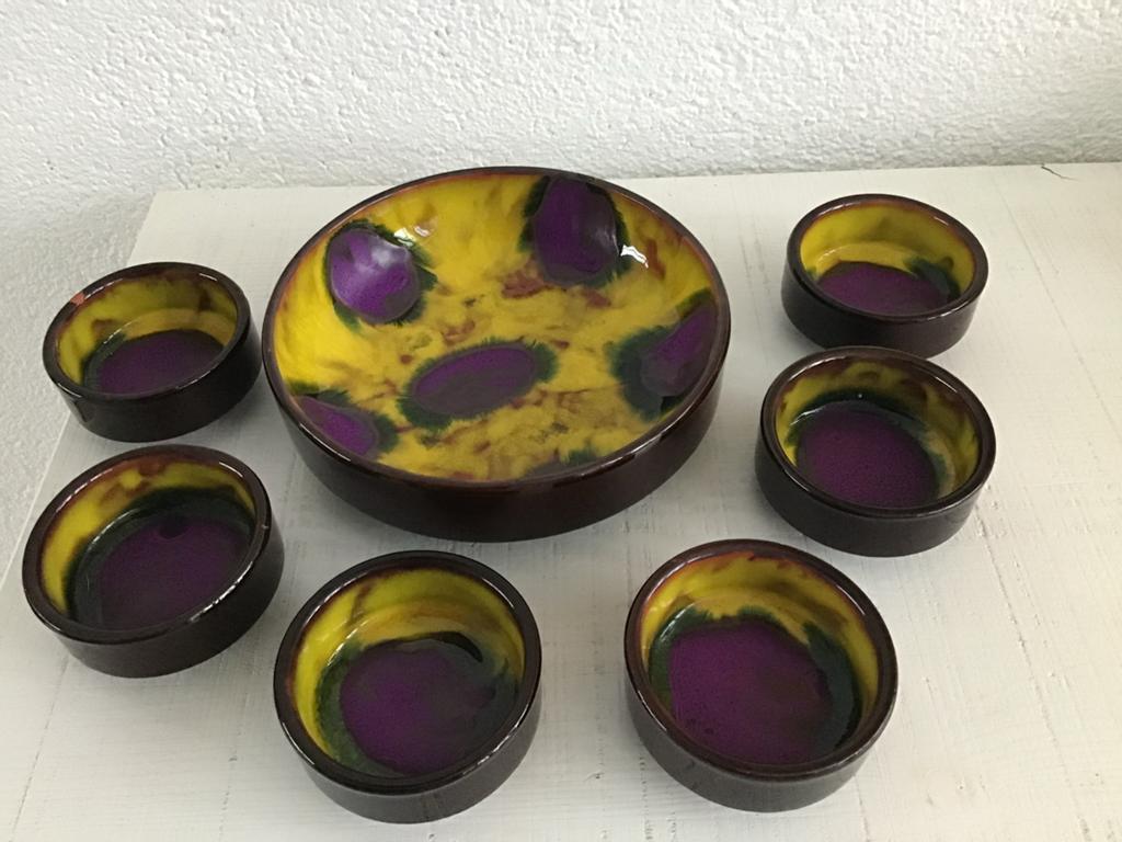 Vintage pinda/chips set - Geel/Paars - Jaren '70, Antiek en Kunst, Ophalen of Verzenden