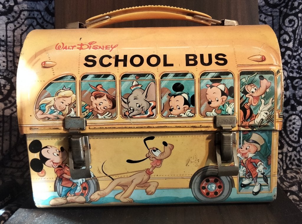 Walt Disney Schoolbus Tin lunchbox Aladdin 1959, Ophalen of Verzenden, Mickey Mouse, Gebruikt