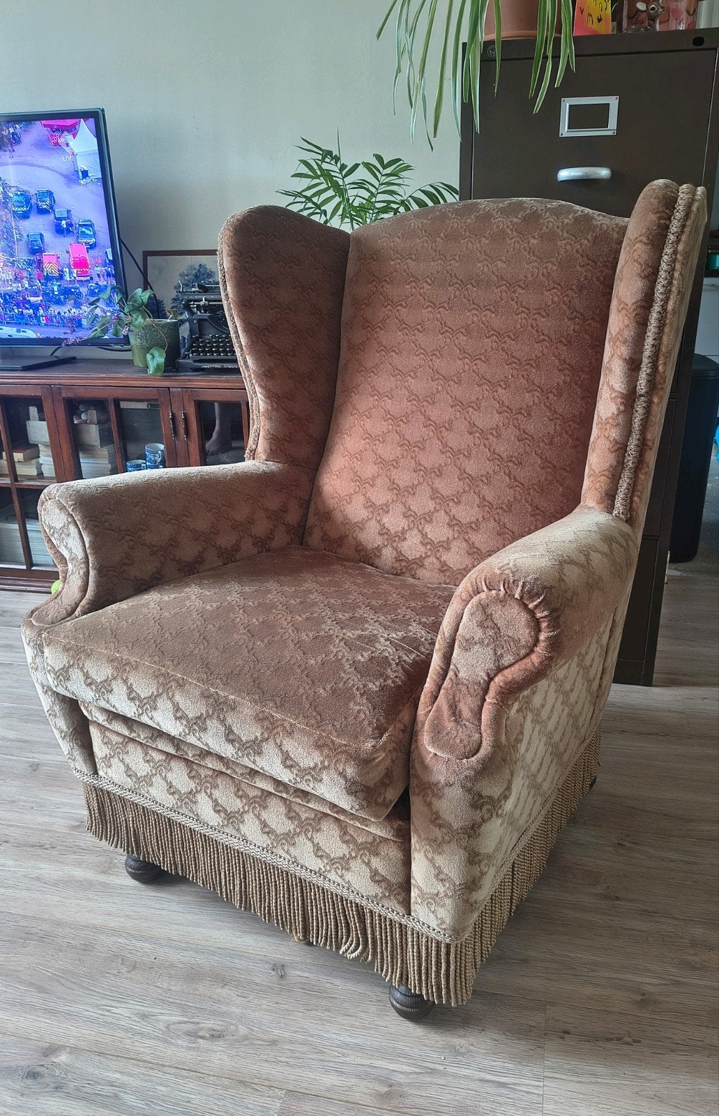 Vintage fauteuil met franjes - Bruin, Ophalen, Gebruikt, Stof, Vintage, Klassiek